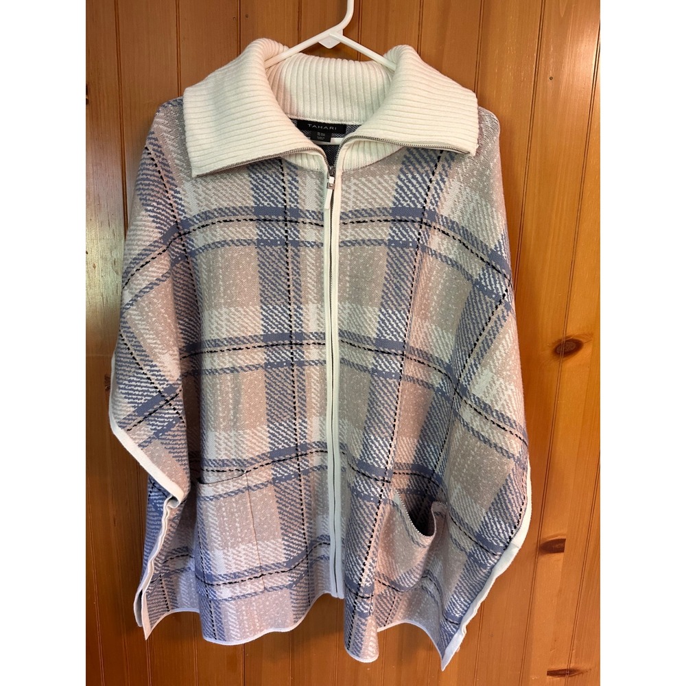 Tahari Blue Tan Plaid Preppy Cozy Full Zip Knit Poncho Sweater Ribbed Collar SM